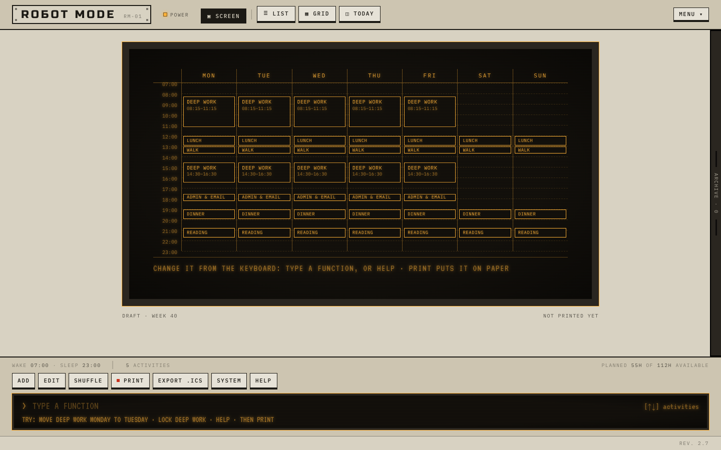 Robot Mode in the browser: a week drafted on the amber screen, with the keyboard unit and its function keys underneath.